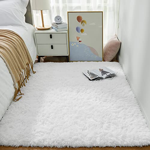 Ophanie White Area Rugs for Bedroom Fluffy, 4x6 Fuzzy Shag Plush Soft Shaggy Bedside Cream Rug, Ivory Living Room Carpet for Girls Kids Baby Teen Dorm Home Decor Aesthetic, Nursery - 4x6 Feet - White