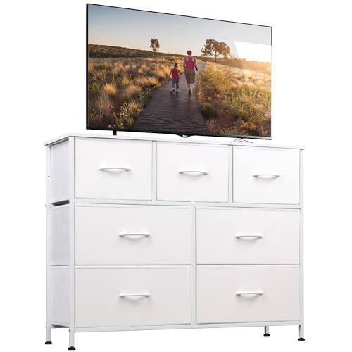 WLIVE Dresser with 7 Drawers, Dressers for Bedroom, Fabric Storage Tower, Hallway, Entryway, Closets, Sturdy Steel Frame, Wood Top, Easy Pull Handle, White - White