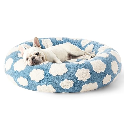 Lesure Donut Small Dog Bed - Round Cat Beds for Indoor Cats Calming Pet Beds, Cute Modern Beds with Jacquard Shaggy Plush & Anti Slip Bottom, 30 Inch, Blue - M (30x30x8) - Blue