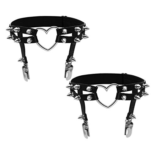Eigso Steampunk Gothic Garter Belts Leg Rings Heart Love with Rivet Studded Elastic Band Adjustable - A: Black