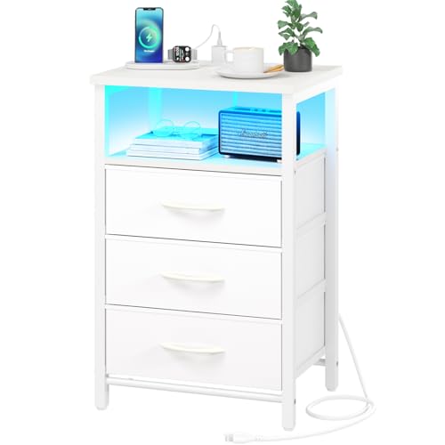 Yoobure Night Stand with Charging Station, 16 Colors LED Nightstand with USB Ports and Outlets, End Table with 3 Fabric Drawers and Storage Shelf, Bedside Tables Small Dresser for Small Space White - White