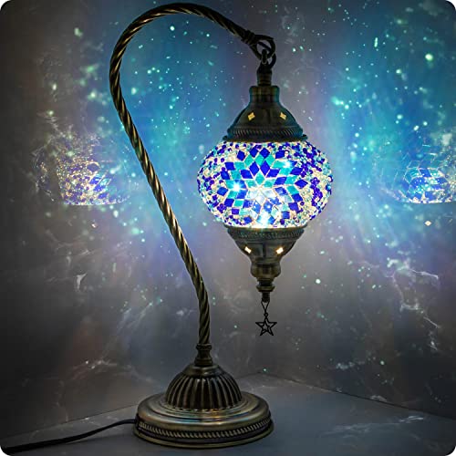 Yarra-Decor Turkish Moroccan Lamp with Bronze Base 3 Color Options Handmade Swan Neck Tiffany Mosaic Glass Bedside Lamps for Bedroom (LED Bulb Included) - Blue2