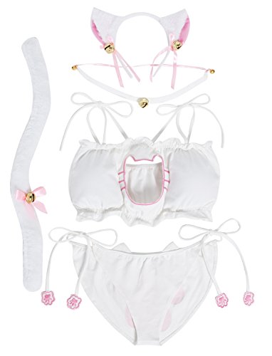 JustinCostume Women's Cosplay Lingerie Set Kitten Keyhole Cute Sexy Outfit - Large - White