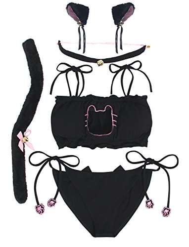 JustinCostume Women's Cosplay Lingerie Set Kitten Keyhole Cute Sexy Outfit - Large - Black2