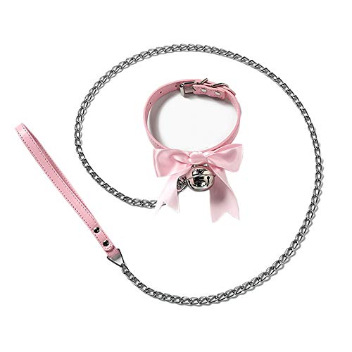 paloli Handmade Cosplay Choker Lolita Kitty Bell Collar with Ribbon Women Leather Choker Necklace - Pink-chain