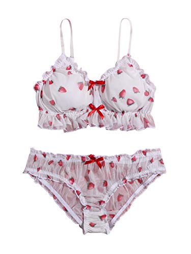 SOLY HUX Women's Plus Size Sexy Lingerie Strawberry Mesh Bra and Panty Valentines Gift Lingerie for Women - XX-Large Plus - White