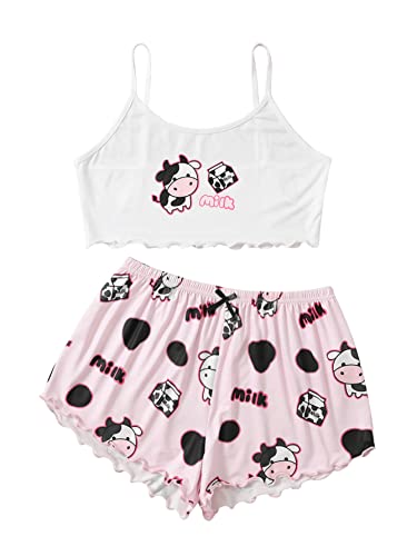 SweatyRocks Women's Summer Strawberry Print Cami Top and Shorts Sleepwear Pajamas Set - Small - Pink White