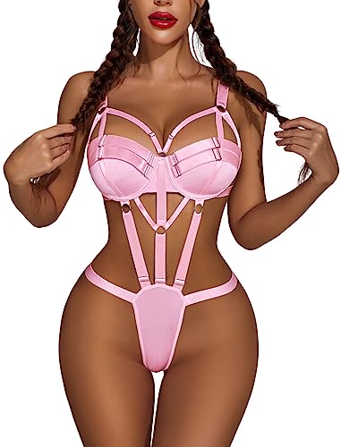 Avidlove Womens Lingerie with Push Up Bra Support Bondaged Underwired Teddy Lingerie One Piece Babydoll - X-Large - Pink