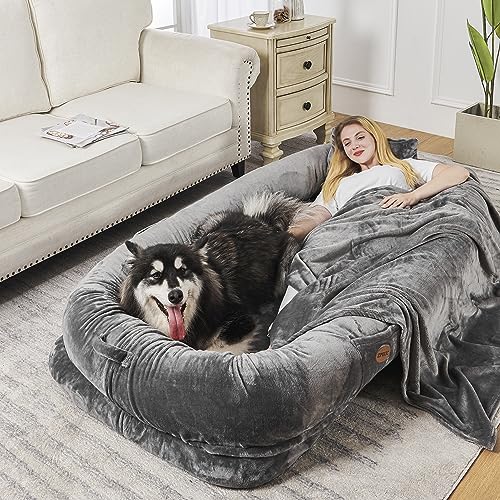 Dog Bed for Humans - Human Dog Bed for People Adult, Giant Dog Bed for Humans Adult, Human Size Dog Bed for Napping Families with Blanket, Throw Pillow, Grey - Grey