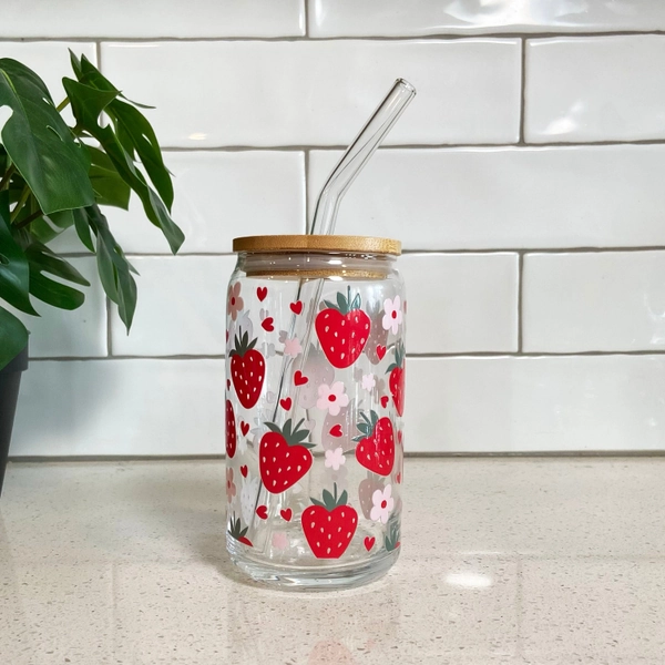 Strawberry Glass Cup | Strawberry Glass Tumbler | 16oz Glass Can With Lid and Straw | Iced Coffee Glass