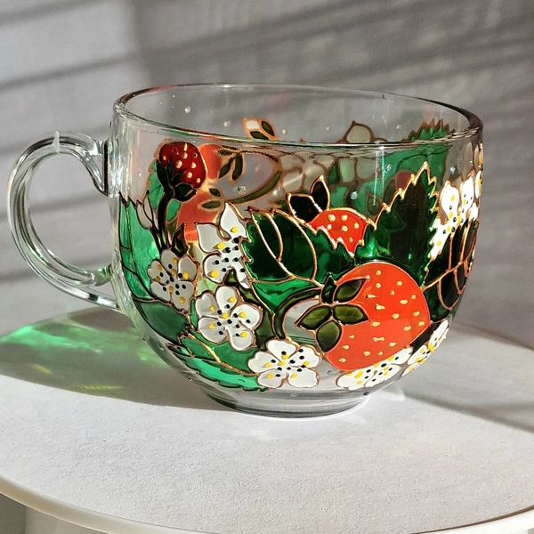 Hand painted Strawberry glass Big Coffee mug Personalized Tea cup  Strawberry design Flower mug fruit mug  Breakfast mug  Nature lover gift