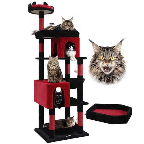 Globlazer S72 Heavy Duty Gothic Cat Tree for Large Cats, Sturdy 72in Maine Coon Cat Tree for Large Cats 20 lbs+ Halloween Cat Tower for Adult Biggest Cats with 6 Scratching Posts, Hammock, Black - 72 inch - Blood-Goth