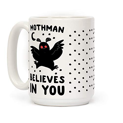 LookHUMAN Mothman Believes In You White 15 Ounce Ceramic Coffee Mug