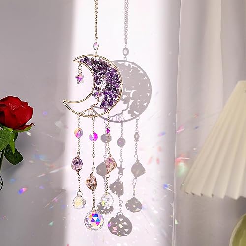 TUOKING Amethyst Crystal Moon Suncatchers for Window Hanging Tree of Life Natural Healing Stones Wind Chimes Sun Catcher Rainbow Maker Good Luck Gifts Decor for Home Garden - Style-g