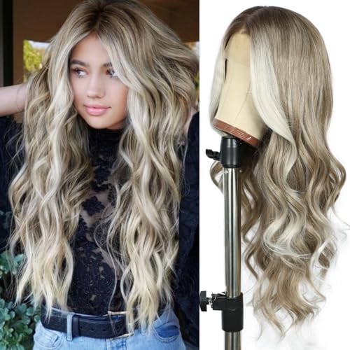 SAPPHIREWIGS Long Brown Wavy Wig for Women Lace Front Wigs 13×4 Free Part Body Wavy Wig Grayish Brown with White Tips Natural Looking Heat Resistant Synthetic Wigs for Daily Party Use 26inch - Grayish Brown with Tips