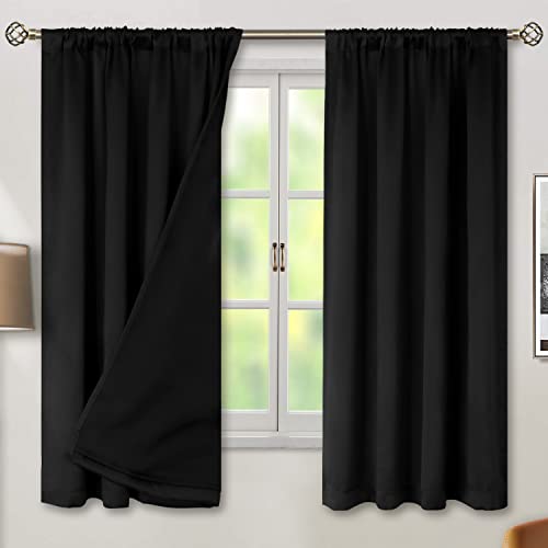 BGment Thermal Insulated 100% Blackout Curtains for Bedroom with Black Liner, Double Layer Full Room Darkening Noise Reducing Rod Pocket Curtain (52 x 63 Inch, Black, 2 Panels) - 52W x 63L - Black