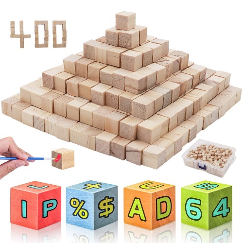 GZhaizhuan 400 stuks houten dobbelstenen, 1 x 1 cm blokjes, natuurlijke blanco vierkante houten blokken voor knutselen, doe-het-zelf stempels, puzzels, nummers, bouwstenen, met doos