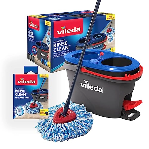 Vileda EasyWring RinseClean Spin Mop & Bucket System with 1 Extra Refill | 2-Tanks Separate Clean and Dirty Water | Machine Washable and Reusable Microfiber Mop Head | Hands-Free Wringing Mop Bucket