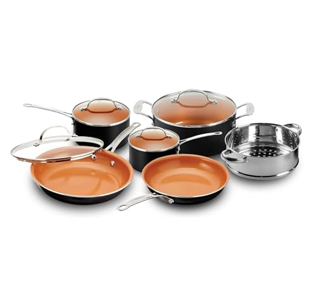 Gotham Steel Pots and Pans Set, Long Lasting Non Stick Cookware Set, 10 Piece Kitchen Set with Pot Set, Pan Set, Stay Cool Handle, Ceramic Coated, Ultra Durable, Oven & Dishwasher Safe, Toxin Free