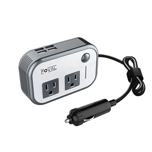 FOVAL 200W Car Power Inverter with Dual DC 12V to 110V AC Outlet and 3.1A 4 USB Ports, Auto Charger Adapter for Laptops and Phones （Gray）