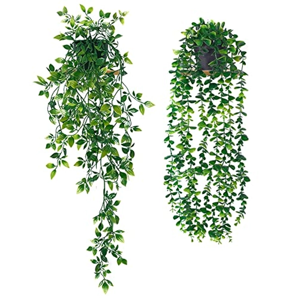 2Pack Fake Plants, Fake Hanging Plant, Artificial Plants for Decor Indoor, Look Real Artificial Hanging Plants, Eucalyptus + Mandala + Snow Pea Plants for Home Office Bedroom Decor