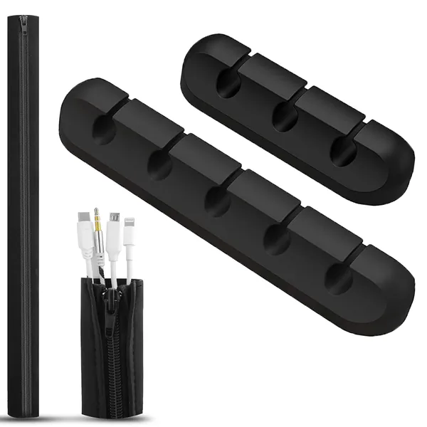 Cable Clips Cord Management Organizer, Pack of 2 Black Adhesive Cord Organizer with 19" Flexible Cable Management Sleeve, Cable Management for Organizing Home, Office, Desk, Phone, Car Cable Wires (5, 3 slots)