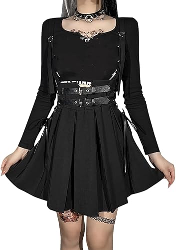 YINGWIN Women's Pleated Skirt Gothic Halter Mini Skirt Street Lolita Skirt Y2K Buckle Tie Skirt Steam Punk Women - 3XL - Black