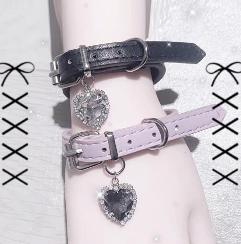 Gothic Rhinestone Heart Charm Bracelet in Black and Pink - Pink
