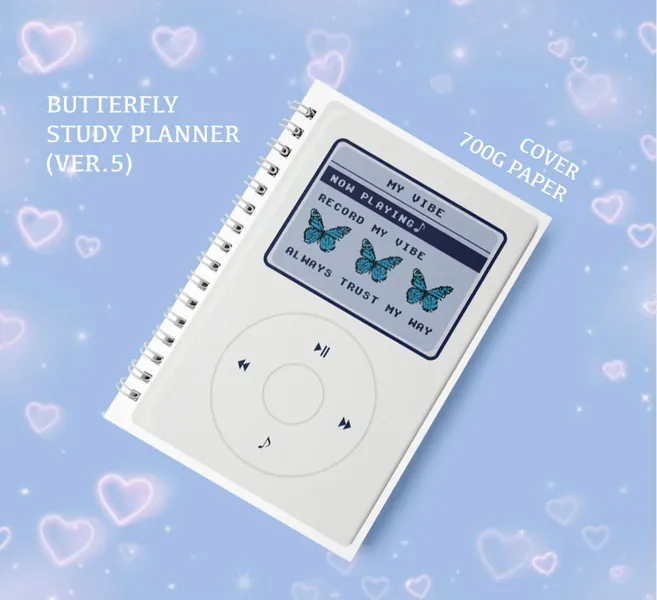 Cute Aesthetic Korean Daily Butterfly Study Planner + sticker sheet - 109 pages, Hard Cover Cool Preppy Kawaii stationery journal for school