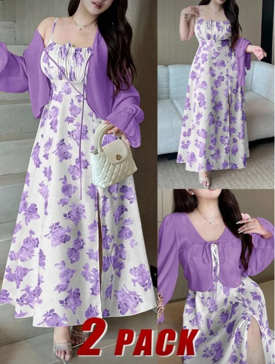 Women's V-Neck Chiffon Long Sleeve Jacket + Sleeveless Rose Floral Print Pink Maxi Dress With Slit A-Line Skirt, Elegant Vintage Casual Holiday 2 Pieces Set