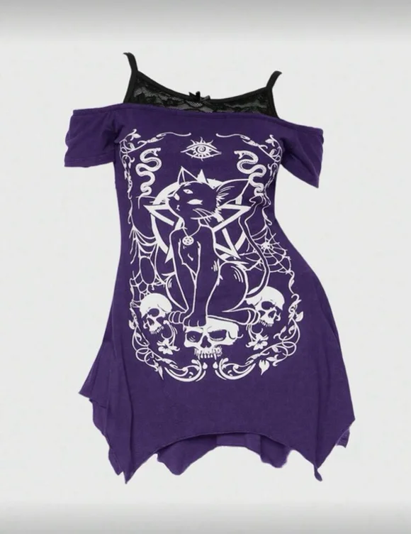 ROMWE Goth Gyaru Summer Beach/Concert, Rave Festival Streetwear.Gothic-Style Mysterious Kitty, Star, Skeleton Print Asymmetrical Shoulder Contrast Lace
