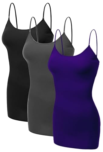 Emmalise Women's Basic Casual Long Camisole Adjustable Strap Cami Layering Top - XX-Large - 3pk - Black, Charcoal, Purple