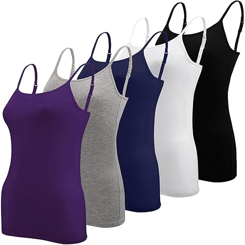 BQTQ 5 Pcs Women's Camisole Tank Top Undershirt Spaghetti Strap Basic Camisoles - X-Large - Purple, Black, Gray, Navy, White