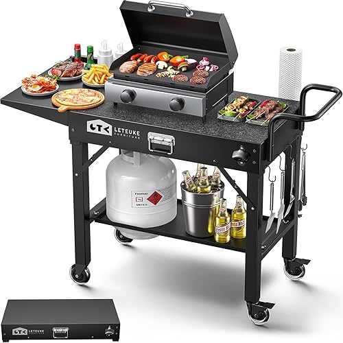 Leteuke Grill Cart for Blackstone Griddle, Portable Outdoor Grill Table, Foldable Cart Table with Wheels for Ninja, Griddle Stand Fit 17 Inch Or 22 Inch, BBQ Prep Tables with Seasoning Tray - Black
