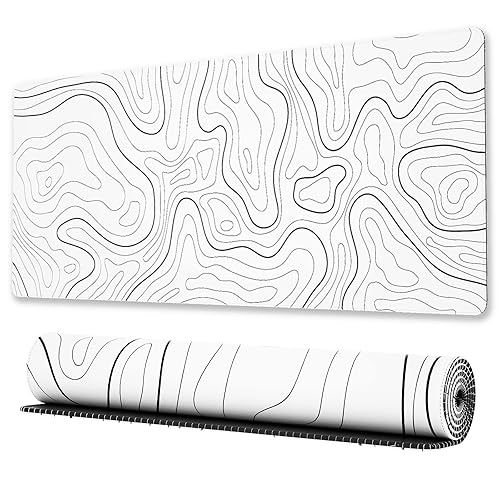 Ovenbird Large Gaming Mouse Pad with Stitched Edges, Minimalist Topographic Map Desk Mat, Extended XL Mousepad with Anti-Slip Base, Cool Desk Pad for Keyboard and Mouse, 31.5 x 11.8 in, White - Large (31" x 12") - White Map