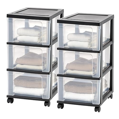 IRIS USA Plastic 3-Drawer Storage Organizer Rolling Cart, with Wheels Casters, 2-Pack, for Classroom Art Supplies Dresser Closet Bathroom Dorm Bedroom Laundry Room, Slim Narrow, Black/Clear - 3 Drawer w/Wheels - Black