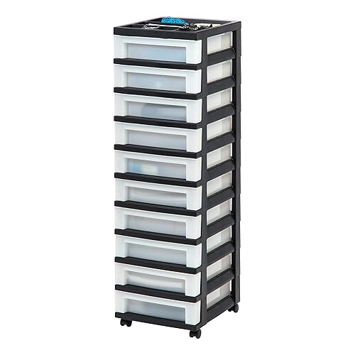 IRIS USA Plastic Drawer Storage Organizer Rolling Cart, with Wheels Casters, 10-Drawers, for Classroom Art Craft Supplies Dresser Closet Bathroom Bedroom, Top Organizer for Small Parts, Black/Pearl - Single - 10 Drawer