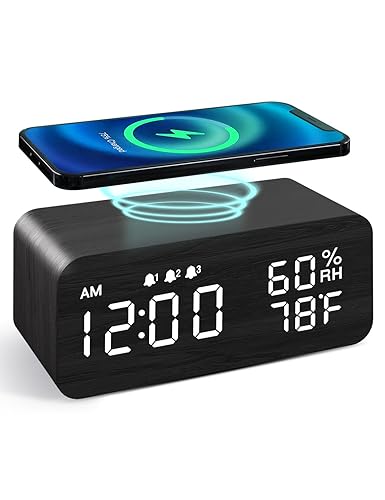 JALL Wooden Digital Alarm Clock with Wireless Charging