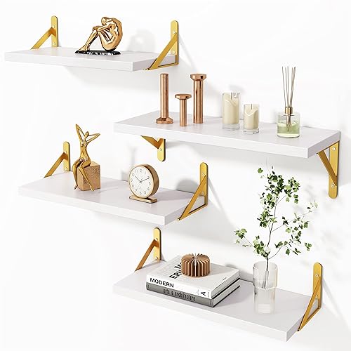 YGEOMER Floating Shelves for Wall, White Wall Shelves Different Sizes, Wall Mounted Wood Shelf for Living Room, Bathroom, Bedroom, Kitchen, Home Decor (Set of 4) - White and Gold Bracket
