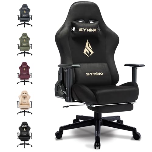 Symino Gaming Chair, Computer Chair with Footrest, Headrest and Lumbar Support, Ergonomic PC Chair, Height Adjustable Rotating Task Chairs, Black - Black - fur suede
