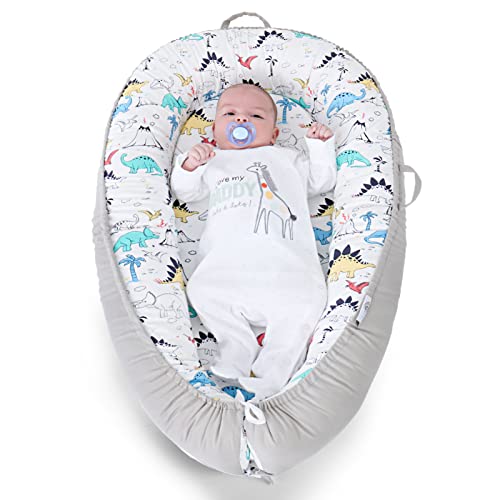 YGJT Baby Nest Pod for Newborn, Baby Lounger for 0-12 Months Boys Girls, 100% Cotton Baby Sleep Nest, Baby Essentials for Newborn, Baby Gifts - Grey Dinosaur