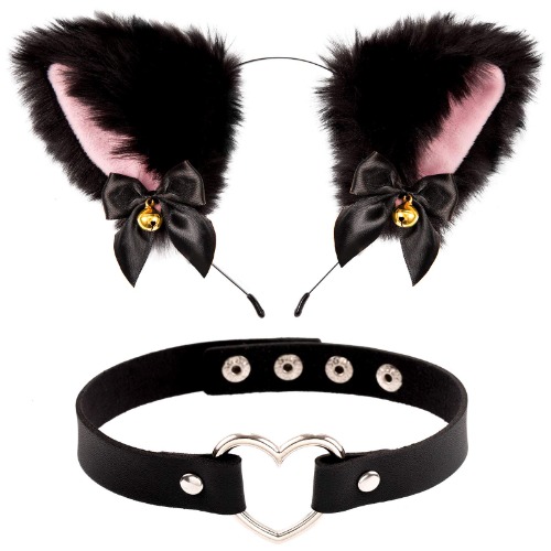 Whaline Black Cat Ear Headband with Bell Heart Chocker Necklace Girl Plush Furry Cat Ear Hair Band for Girl Women Adult Cosplay Party Fancy Dress Halloween Drama, 2Pcs - 