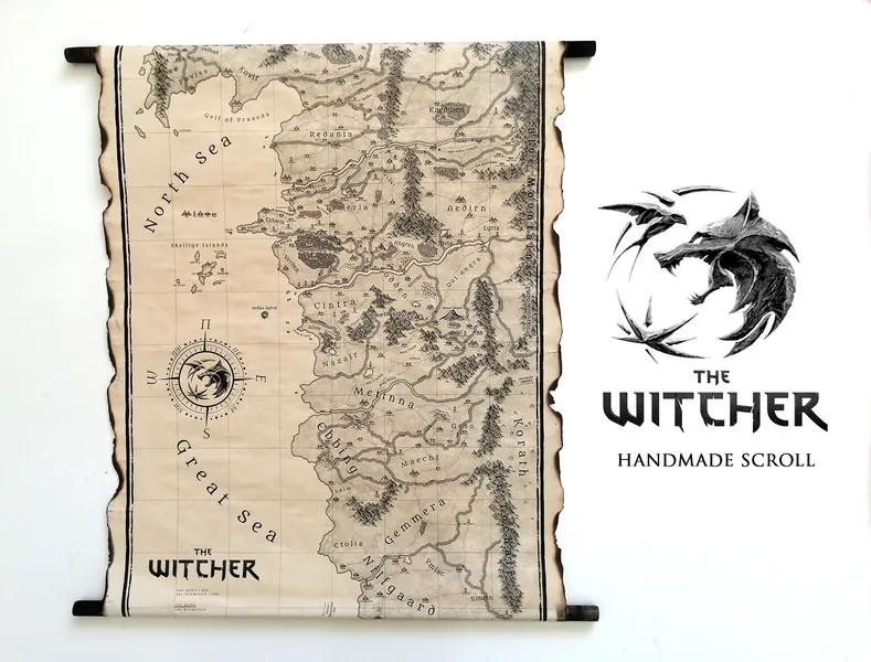 The Witcher Map on Handmade Scroll, Northern Realms Map, The Witcher World Map, The Witcher Saga Map, Blood of Elves Map, Geralt of Rivia