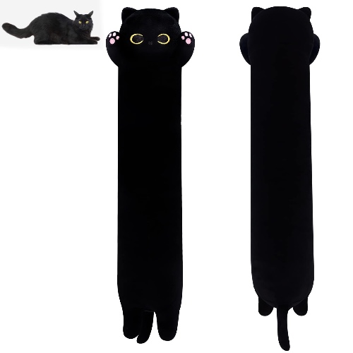 Long Cat Plush Long Body Pillow, 19" Cute Long Cat Stuffed Animals Soft Long Cat Plushie, Black Cat Long Pillow Kawaii Stuffed Cat Toys for Birthday Christmas Halloween Kids Gifts Home Car Decoration - Black Cat