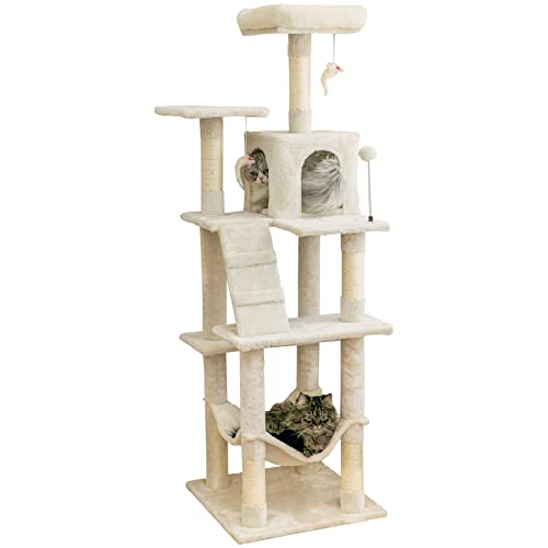 MWPO 63.8 inches Multi-Level Cat Tree for Large Cats with Sisal-Covered Scratching Posts, Padded Platform, Hammock and Condo,Stable Cat Tower Cat Condo Pet Play House-Beige - 63.8 in - Beige