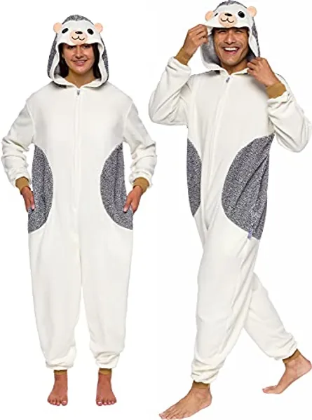 FUNZIEZ! Adult Unisex Hedgehog Pajamas - Plush One Piece Animal Costume - Comfortable Jumpsuit - L - Cream W/Grey