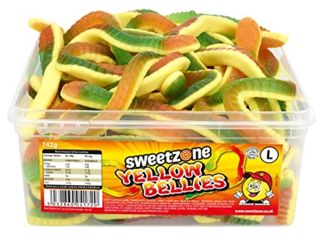 Sweetzone Yellow Belly Snakes Tub Filled With Gummy Snakes Snacks Fun For The Entire Family | 742g of Yellow Bellies Halal Jelly Sweets | Experience The Taste of a Mixed Fruit Yellow Belly Treat