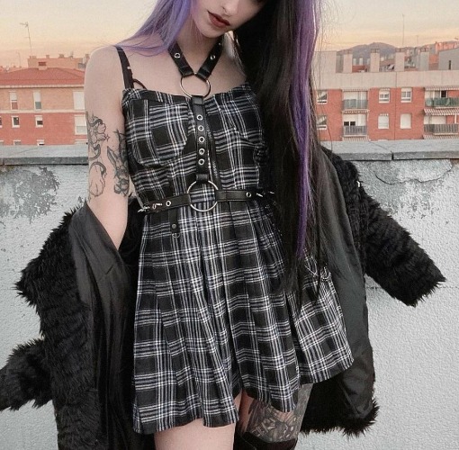 'Preppy' Grey or Red Plaid Grunge Dress - Dark Grey / L