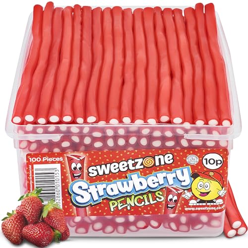 Sweetzone Strawberry Pencils, Retro Sweets Tub, Candy Sticks, 100 pcs, Halal Sweets, Sweets Bulk, Sweet Cart, Gummy Sweets, American Candy, UK British Sweets for Sweet Enthusiasts - Strawberry