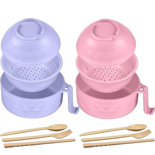 Romooa 2 Sets Microwave Ramen Cooker Bowl Set 33 oz Quick Ramen Cooker with Handles Ramen Noodle Cooker with Spoon Chopsticks Fork College Dorm Room Apartment Essentials(Pink, Purple) - Pink, Purple